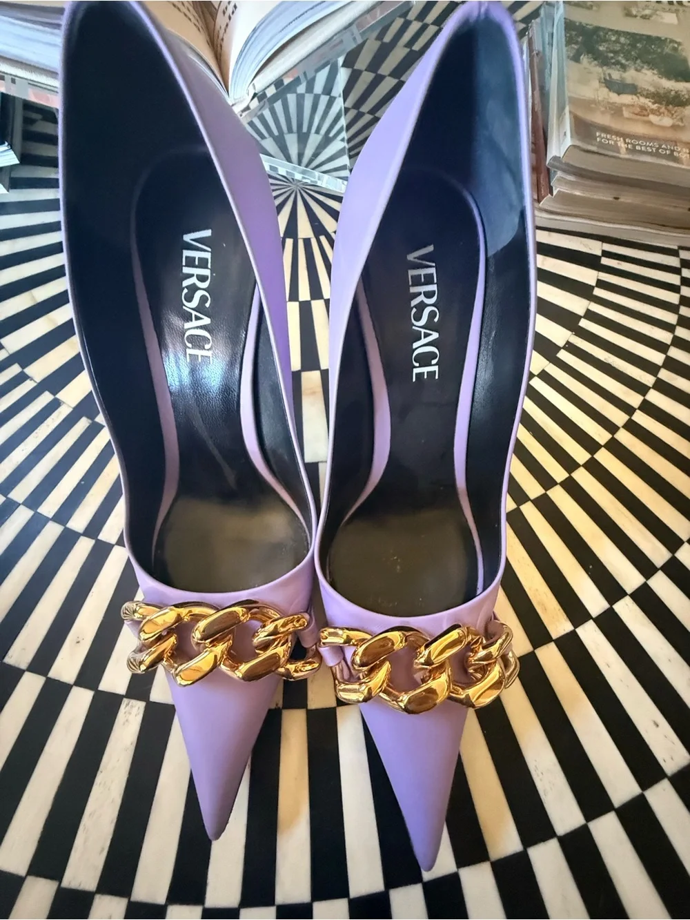 Versace Lilac Pointed-Toe Pumps with Gold Chain